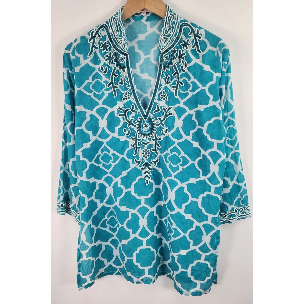 Barbara Gerwit Tunic Top Women's S Turquoise Beaded Embellished Coastal Resort